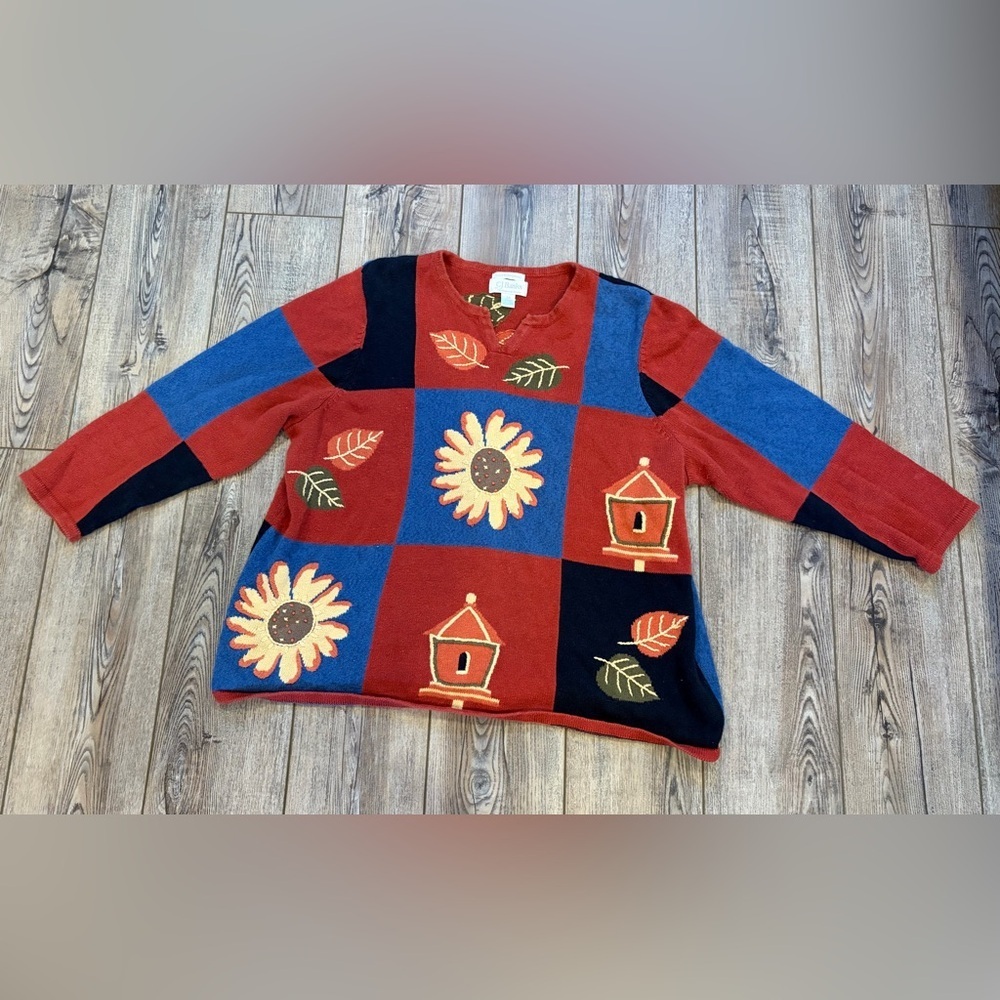 CJ Banks Hand Embroidered Colorblock Plus Size Sweater 2X Cottagecore Knit - Picture 2 of 11